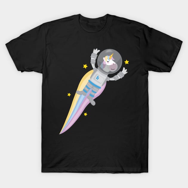 Space Unicorn Flying in the Galaxy of Stars in s Spacesuit. Funny cute design T-Shirt by Uncle Fred Design